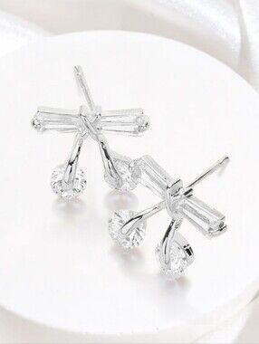 Silver Cubic Zirconia CZ Crystal Bow Stud Earrings